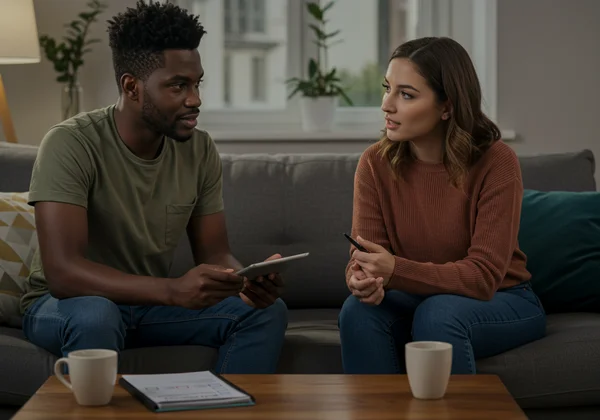 Partners discussing kinks and boundaries for a BDSM scene