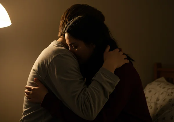 两个人正在事后护理中互相安慰，灯光柔和。