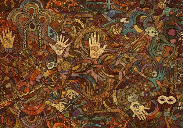 抽象挂毯,描绘了多样化的 BDSM 角色和动态。