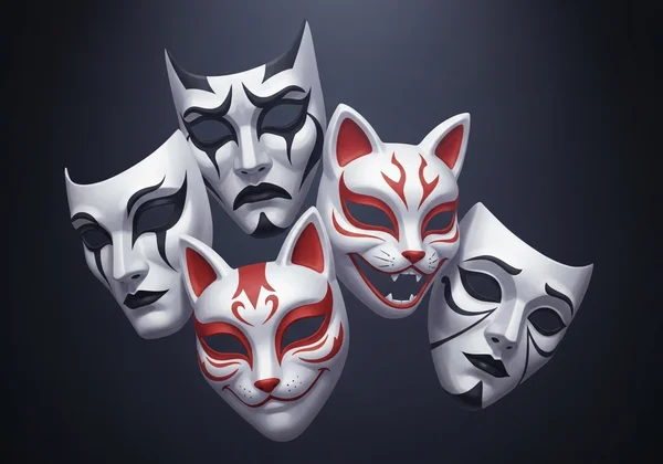 Stylized masks depicting various roleplay characters and scenarios.