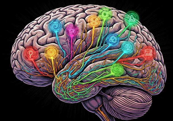 Stylized brain with flowing neurotransmitters and desire